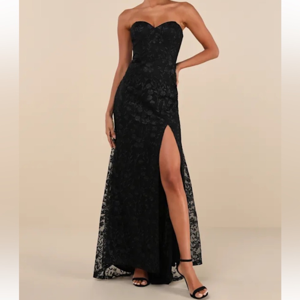 Lulus Romantic Beauty Black Floral Embroidered Strapless Maxi Dress size large